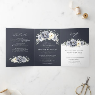 Silver Grey Ivory Floral Winter Rustic Wedding Tri Drieluik Aankondiging