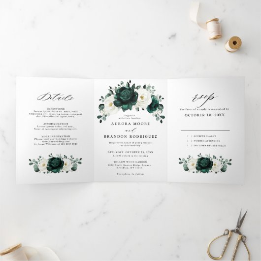 Silver Grey Ivory Floral Winter Rustic Wedding Tri Drieluik Aankondiging (Binnen)