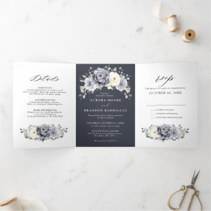 Silver Grey Ivory Floral Winter Rustic Wedding Tri Drieluik Aankondiging