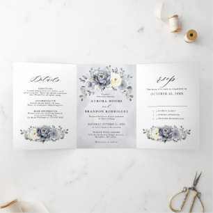 Silver Grey Ivory Floral Winter Rustic Wedding Tri Drieluik Aankondiging