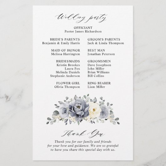 Silver Grey Ivory Floral Winter Wedding Programme (Achterkant)