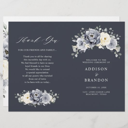 Silver Grey Ivory Floral Winter Wedding Programme (Voorkant / Achterkant)