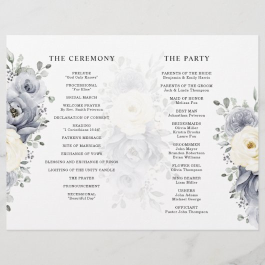Silver Grey Ivory Floral Winter Wedding Programme (Achterkant)