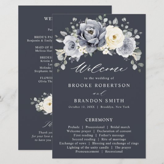 Silver Grey Ivory Floral Winter Wedding Programme (Voorkant / Achterkant)