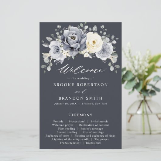 Silver Grey Ivory Floral Winter Wedding Programme (Staand voorkant)