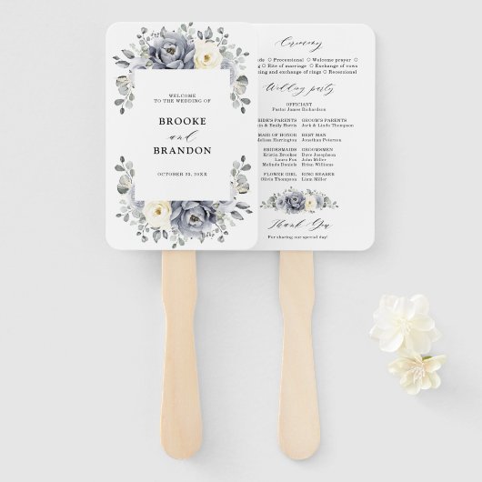 Silver Grey Ivory Floral Winter Wedding Programme Handwaaier (Voorkant en achterkant)