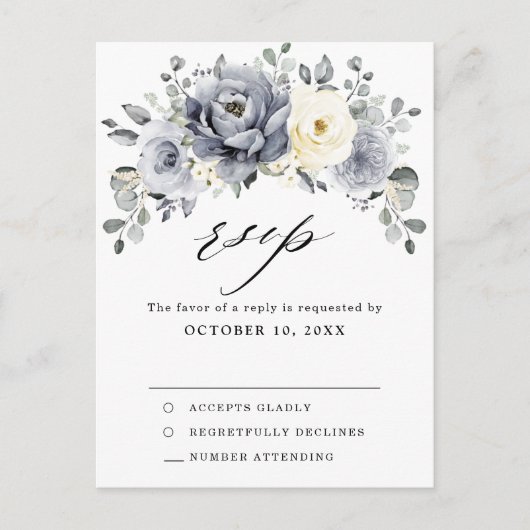 Silver Grey Ivory Floral Winter Wedding RSVP Briefkaart (Voorkant)