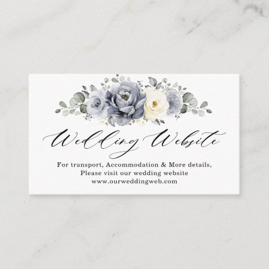 Silver Grey Ivory Floral Winter Wedding Website Informatiekaartje (Voorkant)