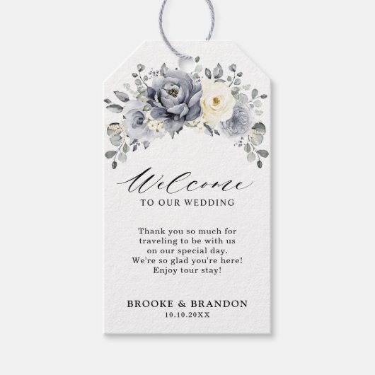Silver Grey Ivory Floral Winter Weduwen Welkom Cadeaulabel (Voorkant)