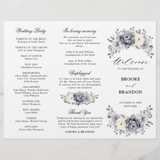 Silver Grey Ivory Winter Wedding Tri-Fold Programm (Voorkant)