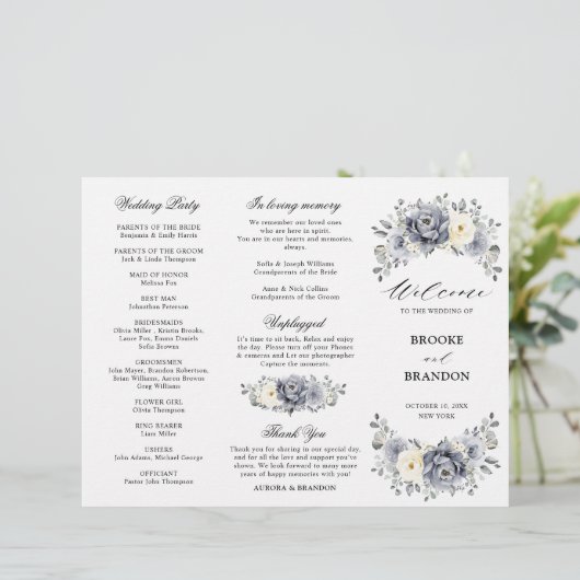 Silver Grey Ivory Winter Wedding Tri-Fold Programm (Staand voorkant)