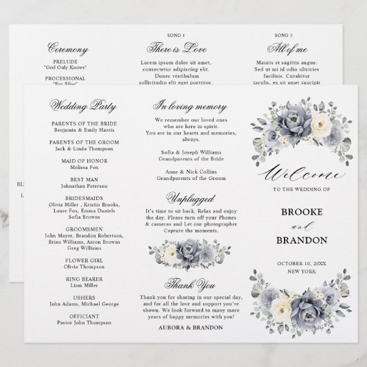 Silver Grey Ivory Winter Wedding Tri-Fold Programm (Voorkant / Achterkant)
