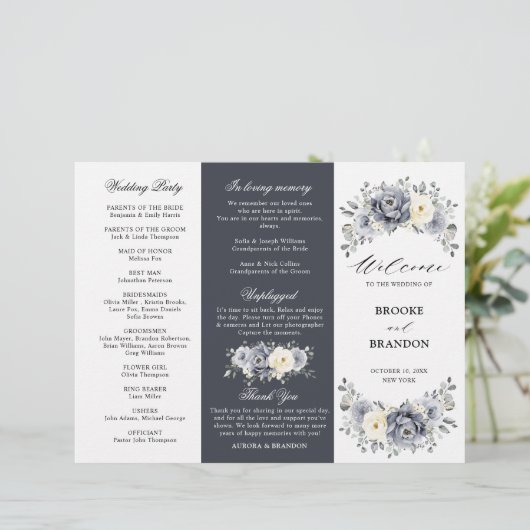 Silver Grey Ivory Winter Wedding Tri-Fold Programm (Staand voorkant)
