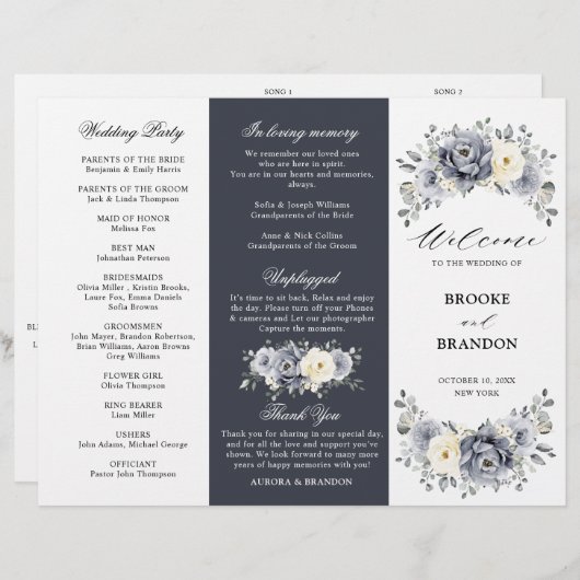 Silver Grey Ivory Winter Wedding Tri-Fold Programm (Voorkant / Achterkant)