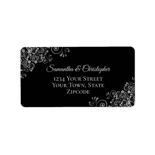 Silver Grey Lace op Black Elegant Weddenschap Addr Etiket (Voorkant)