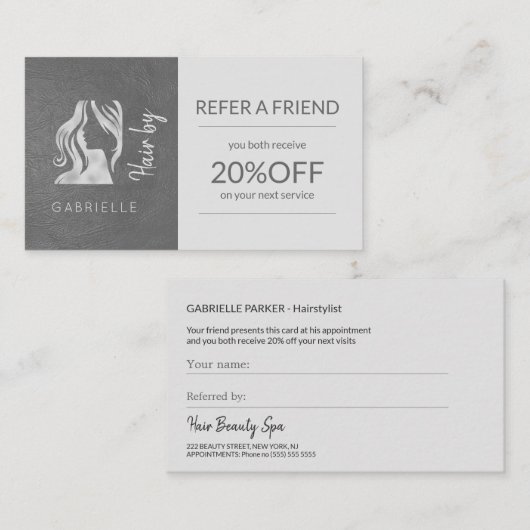 Silver Grey Logo Hairstyle Verwijs een vriend Sjab Aanbevelingskaartje (Voorkant / Achterkant)
