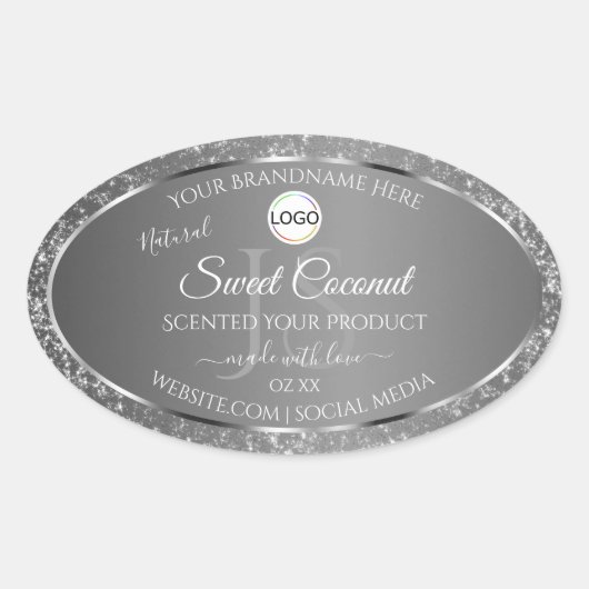 Silver Grey Logo Initialen Glitter Productlabels Ovale Sticker (Voorkant)