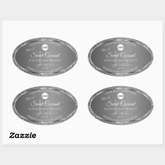 Silver Grey Logo Initialen Glitter Productlabels Ovale Sticker (Vel)