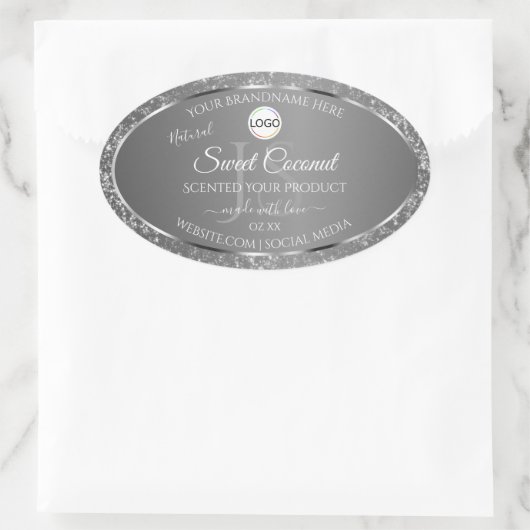 Silver Grey Logo Initialen Glitter Productlabels Ovale Sticker (Tas)