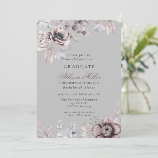Silver Grey Mauve Floral Gradual Party Kaart (Staand voorkant)