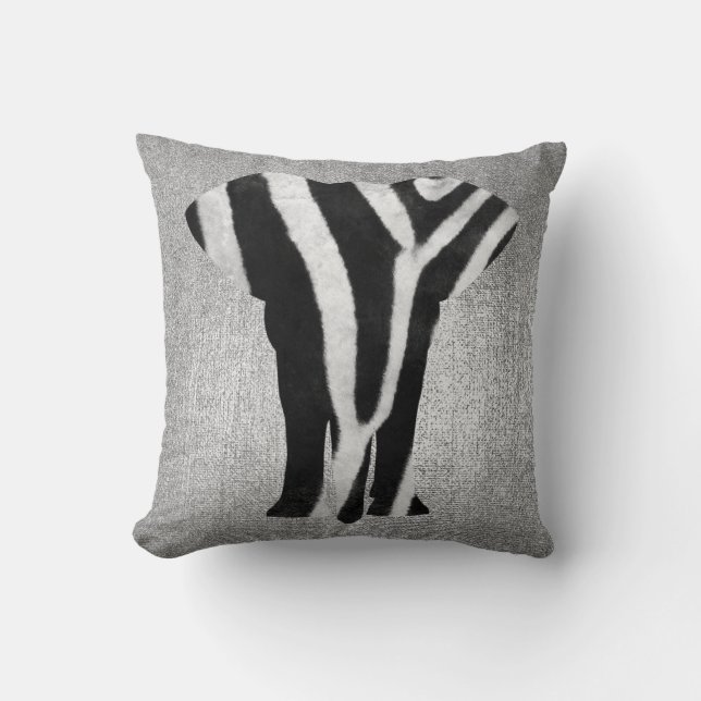 Silver Grey Metallic Black Zebra Huidelefant Kussen (Voorkant)