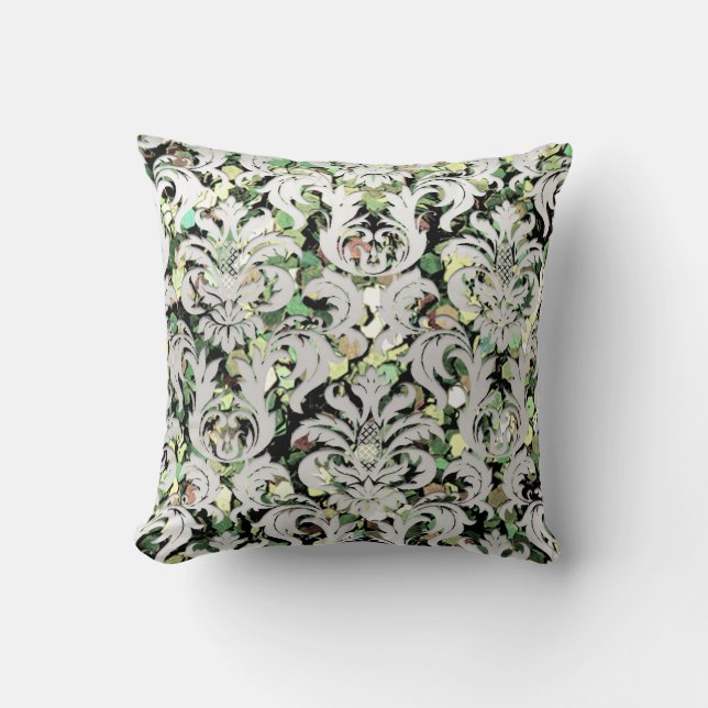 Silver Grey Metallic Damask Woodland Green Lux Kussen (Voorkant)