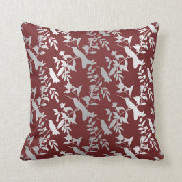 Silver Grey Metallic Floral Humming bird Burgundy Kussen