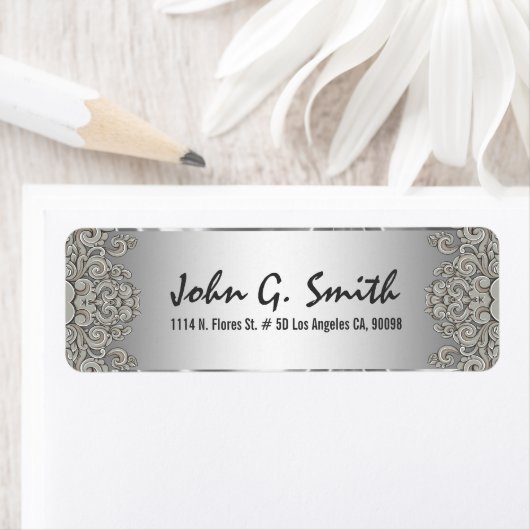 Silver Grey Metallic Pattern Floral Swirls 2 Etiket (Insitu)