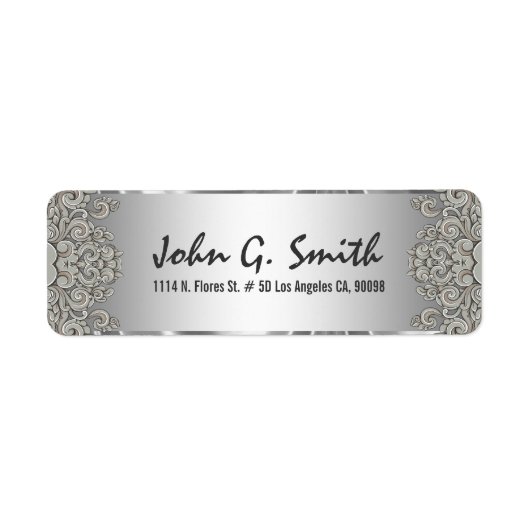 Silver Grey Metallic Pattern Floral Swirls 2 Etiket (Voorkant)