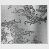 Silver Grey Metalllic Crystal Damask Hearts Black Cadeaupapier (Vlak)