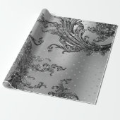 Silver Grey Metalllic Crystal Damask Hearts Black Cadeaupapier (Uitgerold)