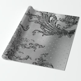 Silver Grey Metalllic Crystal Damask Hearts Black Cadeaupapier