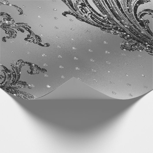 Silver Grey Metalllic Crystal Damask Hearts Black Cadeaupapier (Hoek)