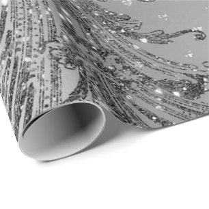 Silver Grey Metalllic Crystal Damask Hearts Black Cadeaupapier