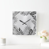 Silver Grey Minimal Black Glitter Metallic Botanic Vierkante Klok (Huis)