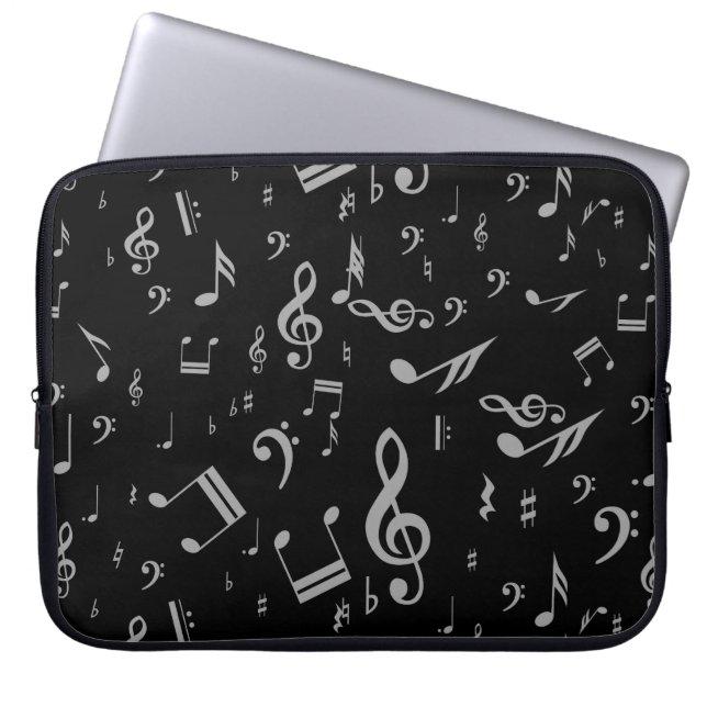 Silver Grey Musical Notes on Black Laptop Sleeve (Voorkant)