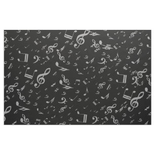 Silver Grey Musical Notes on Black Stof