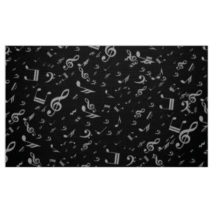Silver Grey Musical Notes on Black Stof
