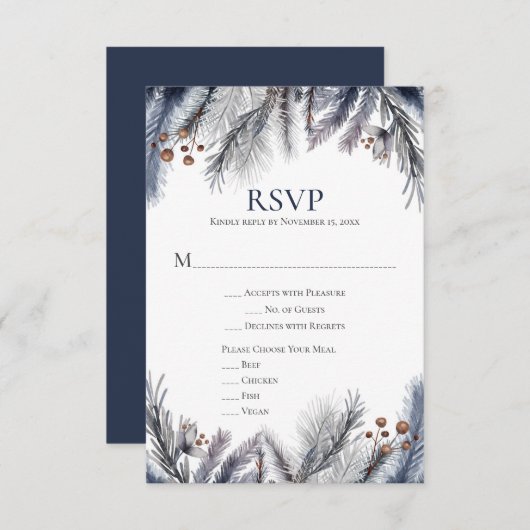 Silver Grey Navy RSVP Kaartje (Voorkant / Achterkant)