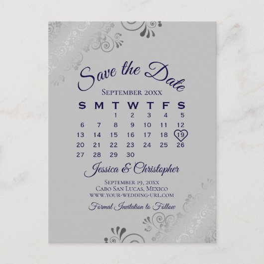 Silver Grey & Navy Wedding Save the Date Calendar Aankondigingskaart (Voorkant)