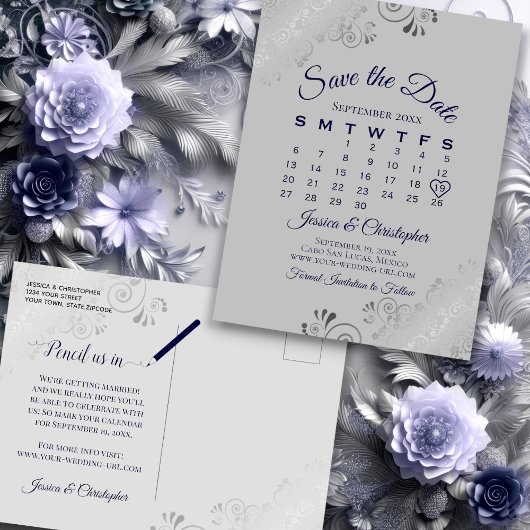 Silver Grey & Navy Wedding Save the Date Calendar Aankondigingskaart