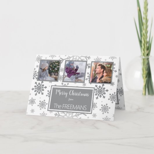 Silver Grey Snowflake 3 Foto Collage, speciaal gep Feestdagen Kaart (Voorkant)
