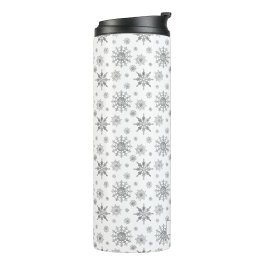 Silver Grey Snowflakes Patroon & Aangepaste naam Thermosbeker (Gedraaid links)
