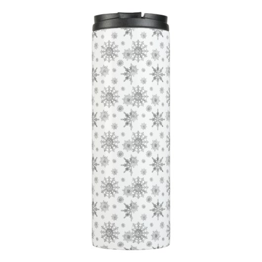 Silver Grey Snowflakes Patroon & Aangepaste naam Thermosbeker (Achterkant)