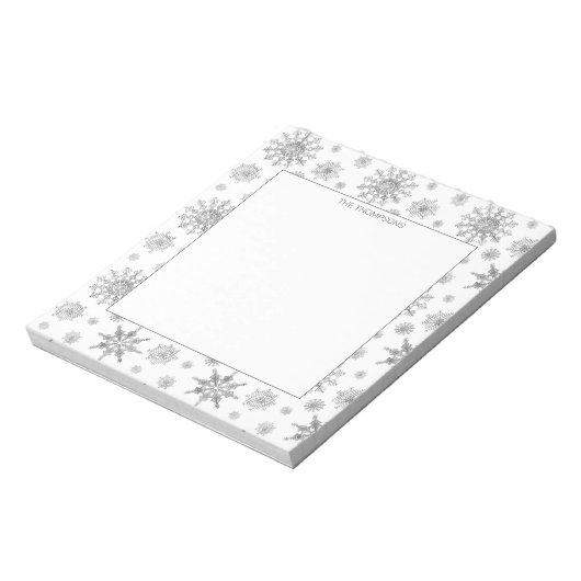 Silver Grey Snowflakes Patroon en aangepaste tekst Notitieblok (Linkerzijde)