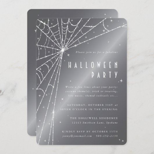 Silver-Grey Sparging Spider Web Halloween Party Kaart (Voorkant / Achterkant)