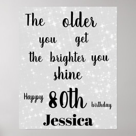 Silver Grey sparkle 80th Birthday Name Poster (Voorkant)