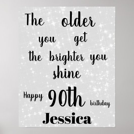 Silver Grey sparkle 90th Birthday Name Poster (Voorkant)