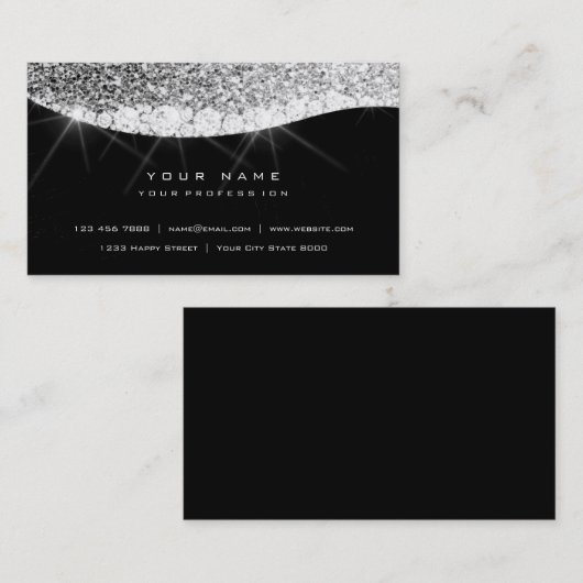 Silver Grey Sparkly Diamond Glitter Glam Black Visitekaartje (Voorkant / Achterkant)