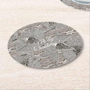 Silver Grey Star Merry kerst of Jouw tekst Ronde Kartonnen Onderzetter